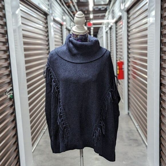 Anne Klein L/XL Women's Dark Blue Cowl-Neck Sweater Poncho with Tassels - Picture 1 of 7